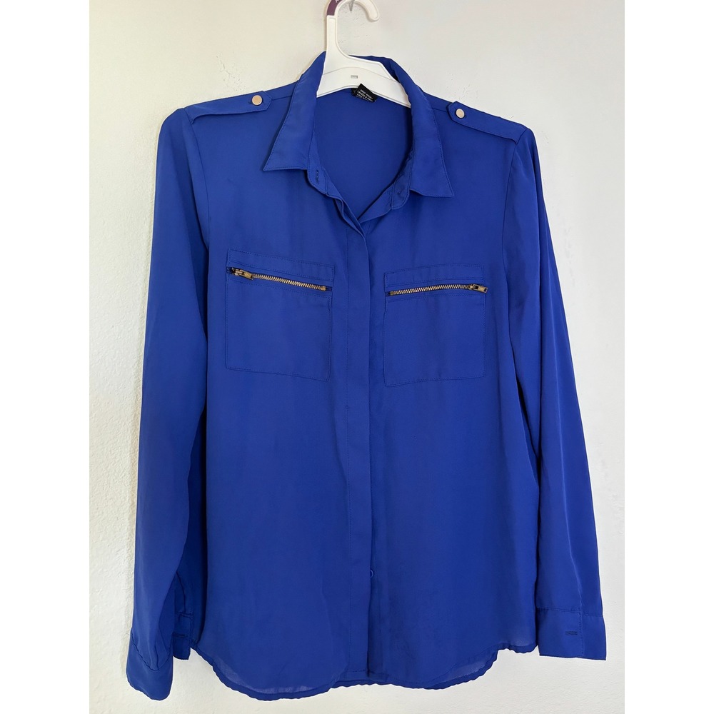BodyC Royal Blue Utility Button Down Shirt Gold Zipper Pockets Epaulettes WN2650